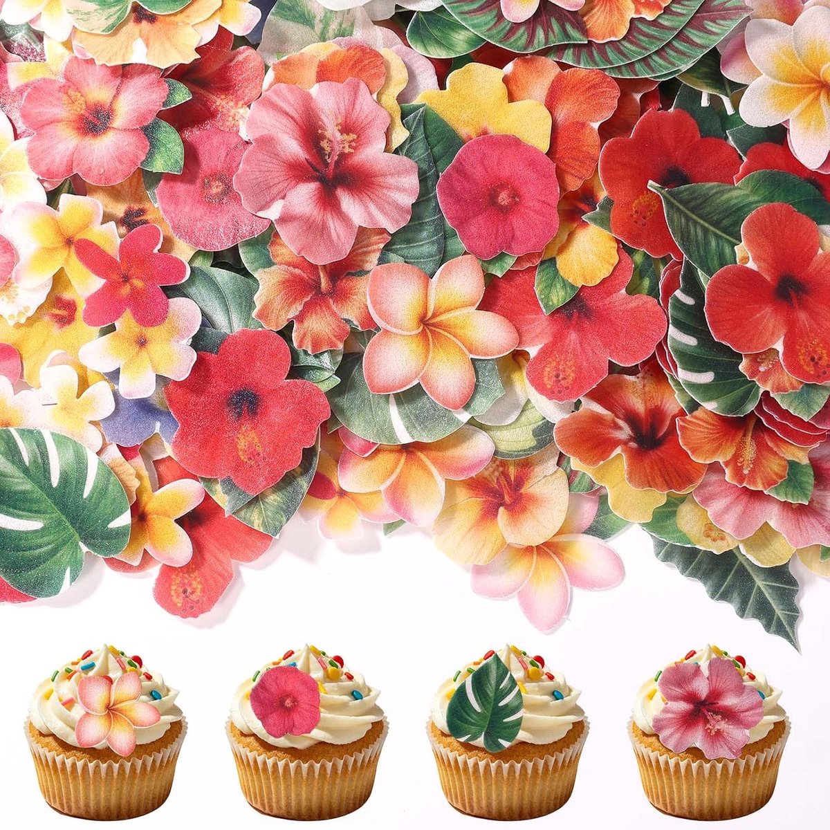 Eetbare Hawaiiaanse Taartdecoraties, Eetbare Bloemen in Hawaiiaans Tropisch Design met 40 Verschillende Patronen voor Zomerse Verjaardagsfeesten en Bakbenodigdheden (Multicolor)