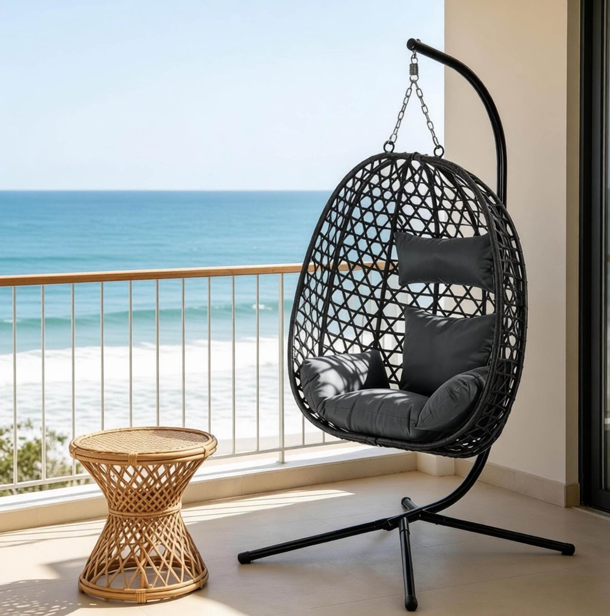 DESMIU Schommelstoel - In Hoogte Verstelbare Hangstoel Met Standaard - Voor Woonkamer Balkon En Tuin - Metaal En PE-Rotan - 105x105x195 Cm - Donkergrijs