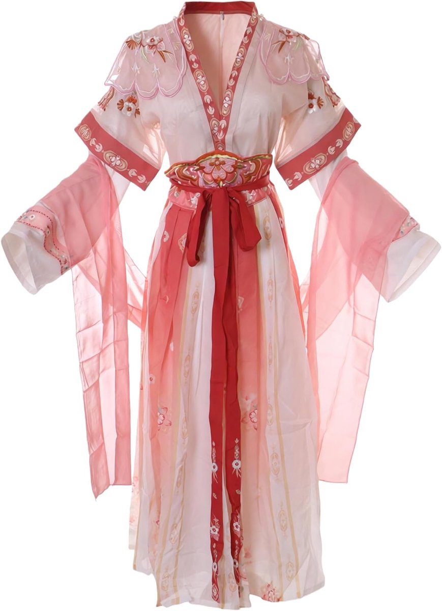 Han-025 Hanfu-jurk, traditionele 6-delige Chinese kleding, cosplay-kostuum, geborduurd, roze