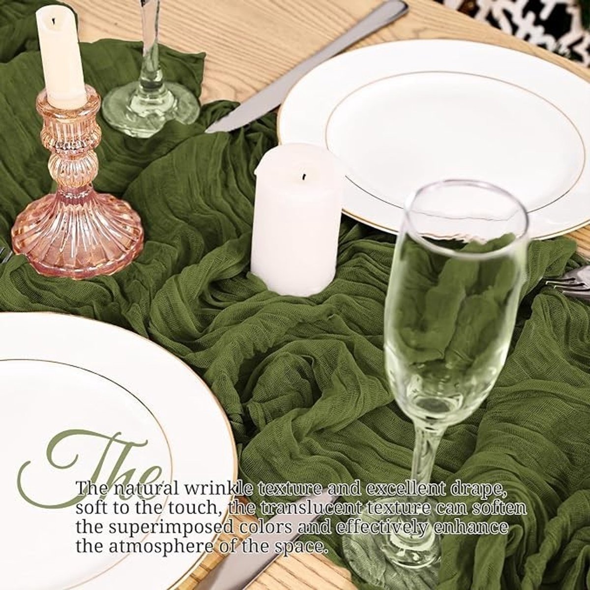 Livatto Tafelloper Set van 4 – Olijfgroen – 45 x 275 cm – Kaasdoek – Rustieke Gaze Tafelloper voor Bruiloft, Feest en Woondecoratie