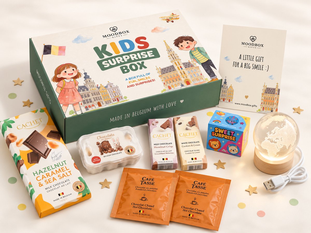 Moodbox Gifts - Kids Surprise Box - Cadeaubox voor Kinderen met Belgische Chocolade en Lekkernijen - Gepersonaliseerde Boodschapkaart