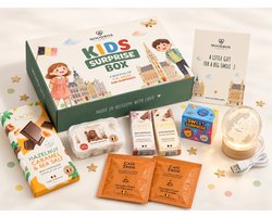 Luxe verrassingsbox voor kinderen – Belgische chocolade, koffie, thee & lekkernijen – Gepersonaliseerde wenskaart – Moodbox Gifts – Kids Surprise Box Select