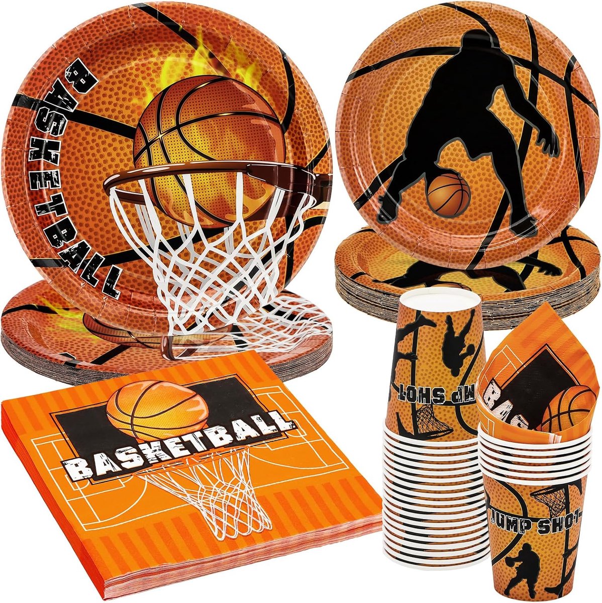 96 stuks NBA basketbalpartyservies voor 24 gasten met papieren borden, kopjes en servetten voor sportthema, verjaardag, babyshower, feestdecoraties