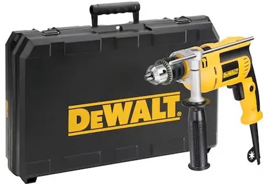 Gele DeWalt boorhamer met zwarte koffer.