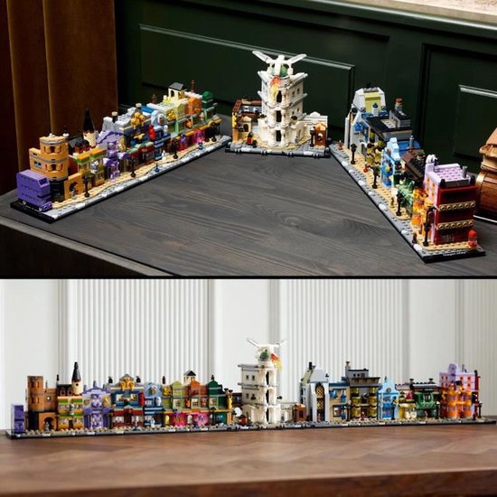 LEGO Wegisweg set in drie secties: links met een paarse bus, midden met een witte toren en rechts met diverse kleurrijke winkels.