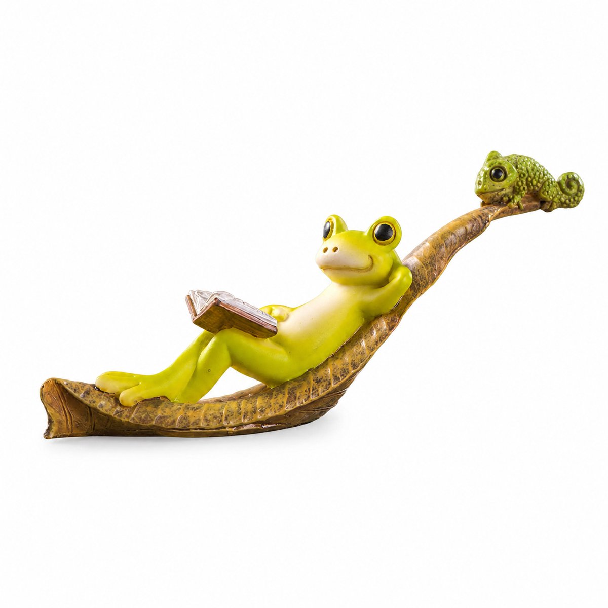 Gloovon Kikker Beeldje - Met Kameleon en Boek - 12 cm - Tuin- en Kamerdecoratie - Polyresin - Groen/Bruin