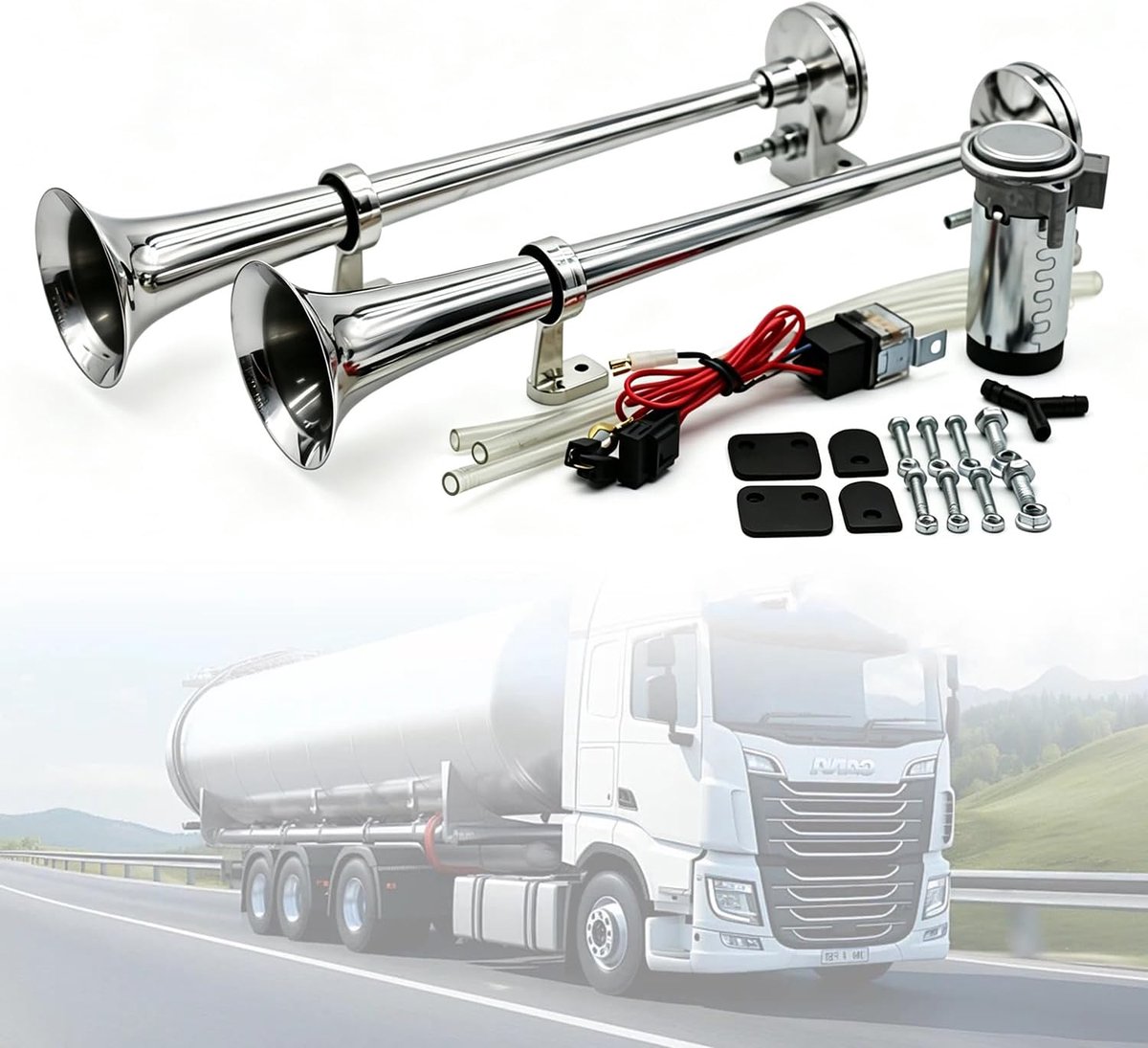 12 V, vrachtwagen, luchthoorn, 12 V, dubbele buis, 150 dB, zilver chroom zink trompet met luchtpomp, voor auto, motorfiets, vrachtwagen en boot - nevelhoorn/luchthoorn