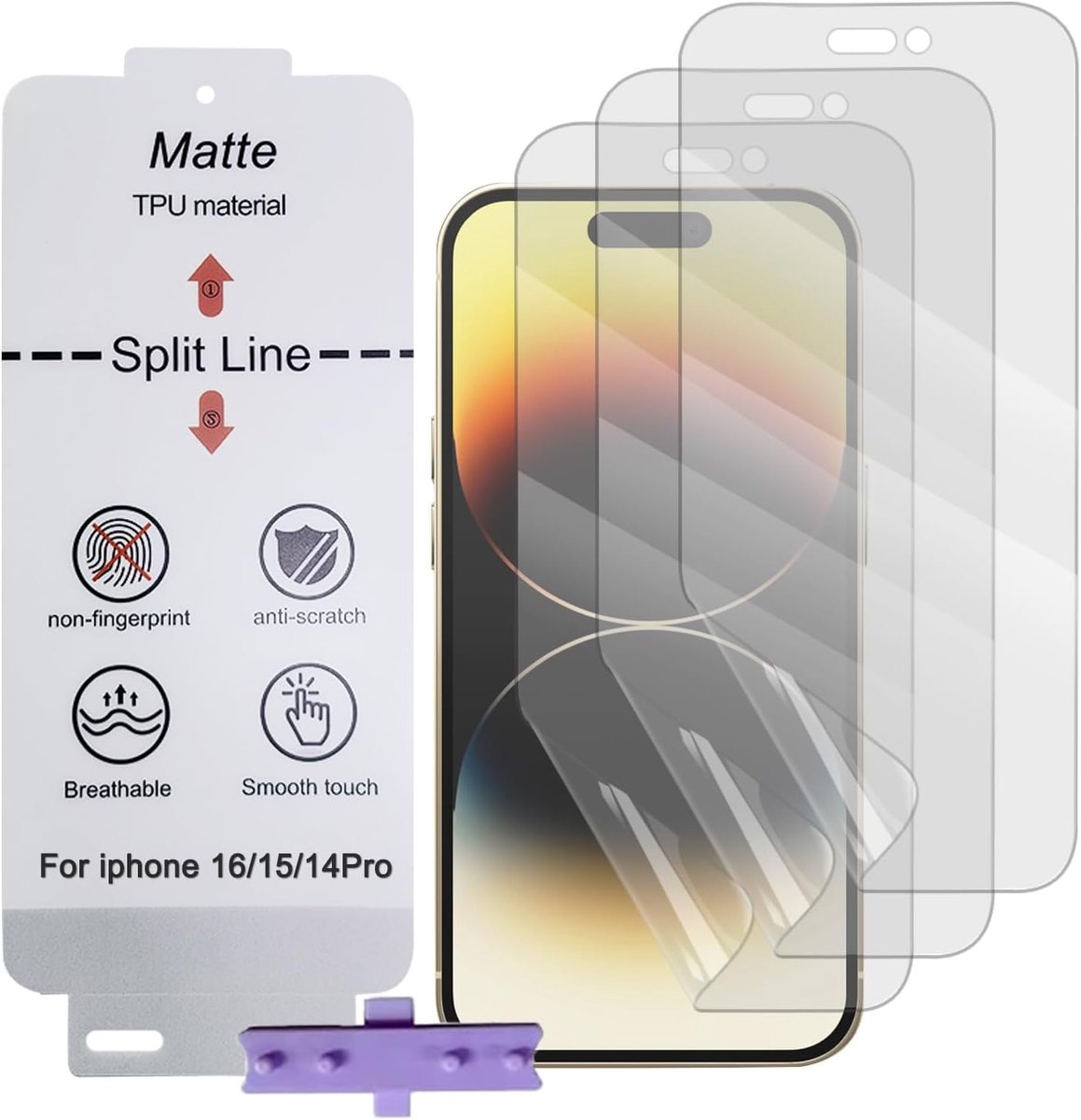 Schermprotector Matte voor iphone 16 Pro/15 Pro/14 Pro, 3-pack Antireflecterende TPU Hydrogelfolie voor Telefoon, Matte Screenprotector, Anti-vingerafdruk (Geen gehard glas)