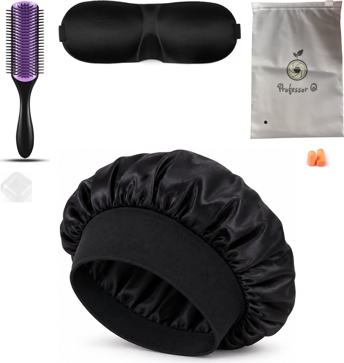 Professor Q Haarverzorgingsset - Bonnet Zwart - Purple Black Borstel - Slaapmasker Zwart