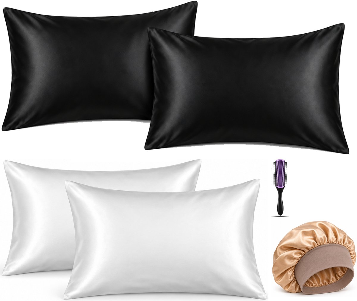 Professor Q Haar- en Slaapset - 2 Kussenslopen Wit 60 x 70 cm - 2 Kussenslopen Zwart 60 x 70 cm - Bonnet Goud - Purple Black Borstel