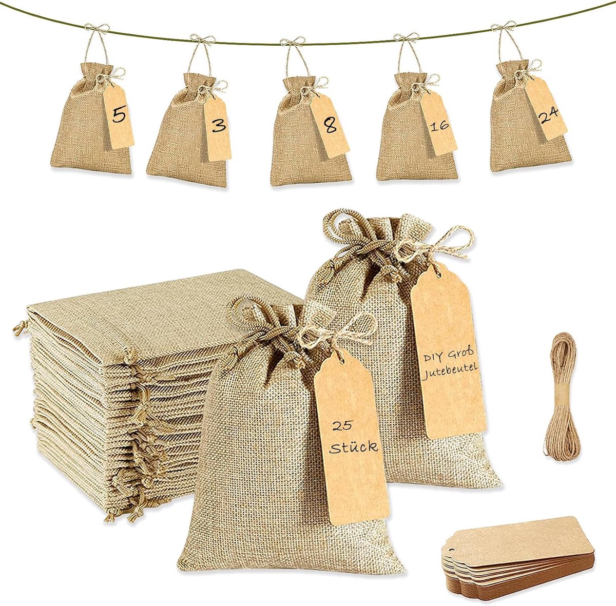 Zakjes, 25 stuks, 15 x 20 cm, met etiketten en touw
