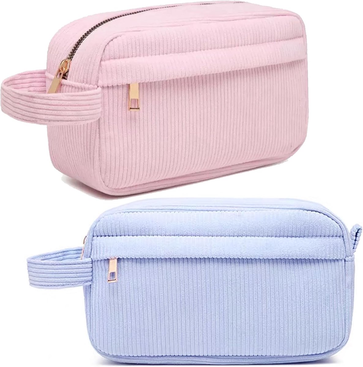 2 Stuks Cosmetische Tas,Corduroy Cosmetische Tas, Reistoilettas met Metalen Rits en Compartimenten,Draagbare Make-uptas Voor Vrouwen,Gepersonaliseerd Cadeau Voor Meisjes,Blauw en Roze