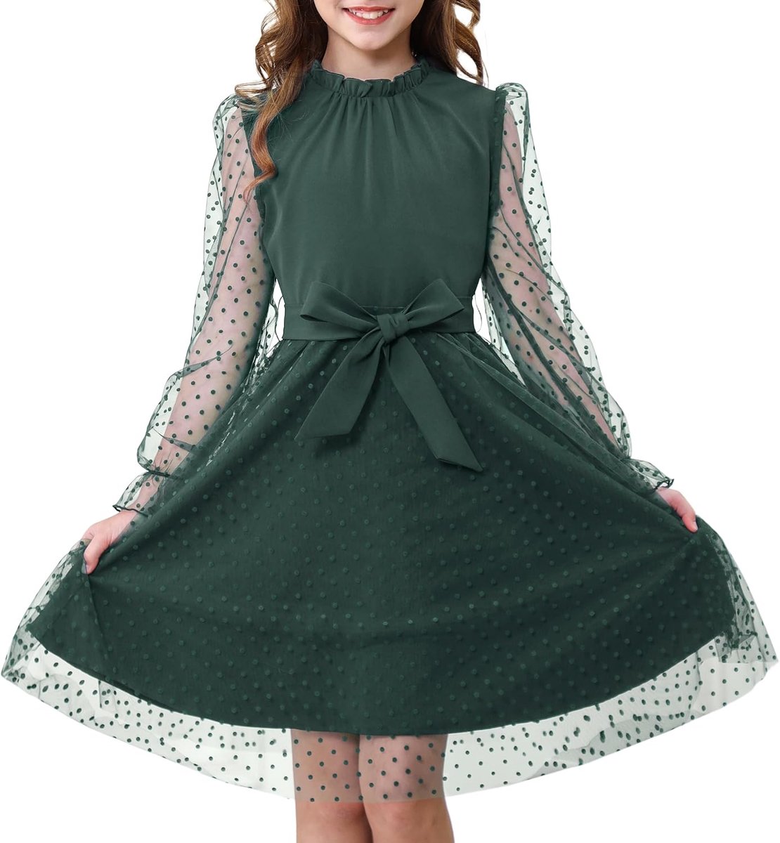 Jurk met lange mouwen voor meisjes, hoge taille met riem, A-lijn, volant-hals, contrasterende mesh, prinsessenjurk voor feestjes van tule