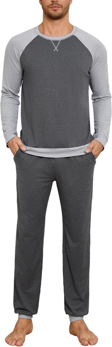 Pyjama voor heren, lang, met manchetten, contrasterende kleuren, katoenen pyjamaset, lange mouwen, nachtkleding, S-4XL