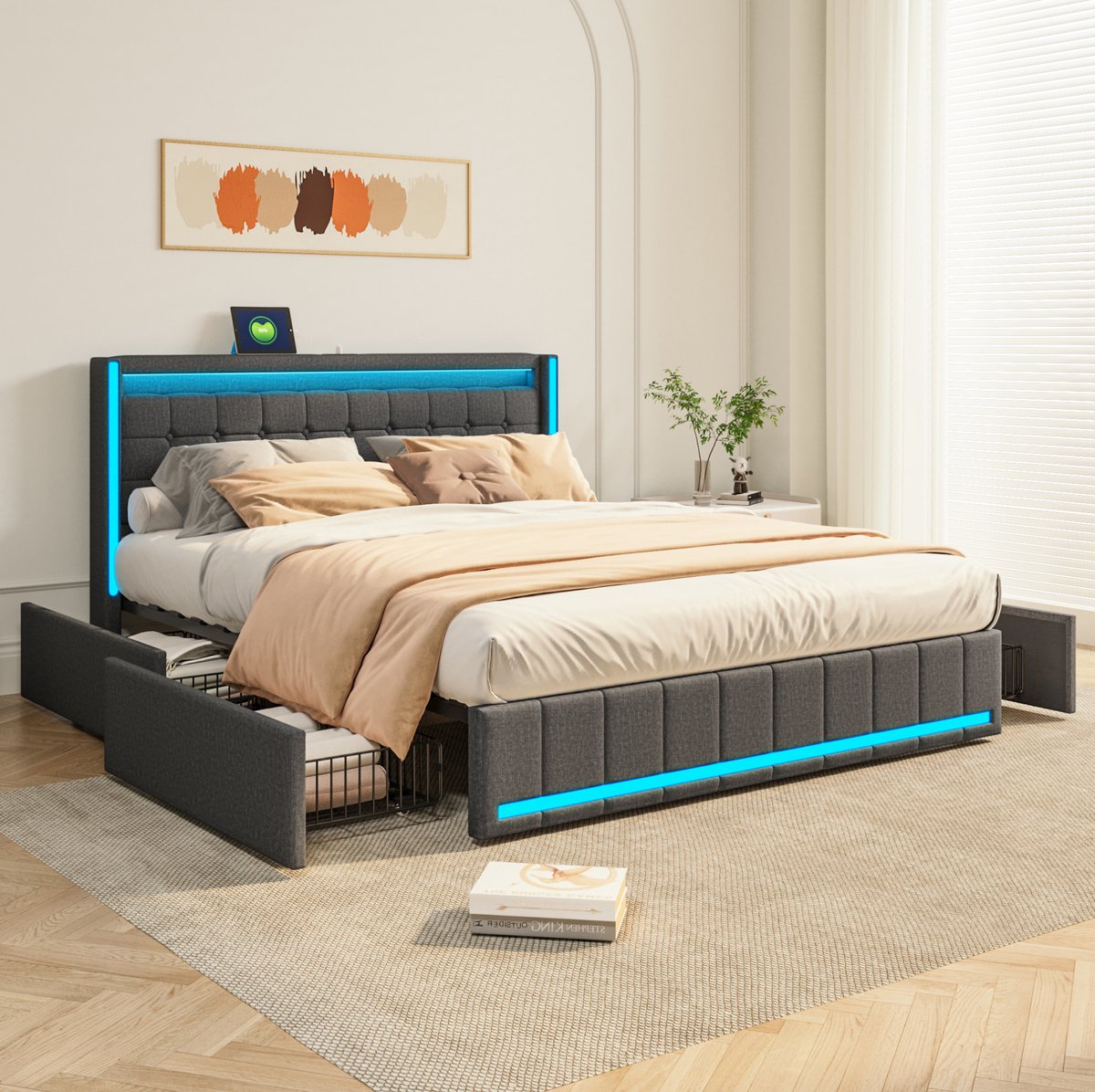 REDOM Tweepersoonsbed - Vier metalen opberglades - LED verlichting met app en afstandsbediening - USB A en USB C poorten - Stoffen bekleding - Donkergrijs - 160 x 200 cm