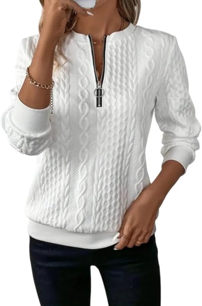 Sweatshirt dames halve rits pullover met vlechtpatroon elegant shirt met lange mouwen basic sweatshirts zonder capuchon casual lange mouwen gebreid bovenstuk los sweatjack tuniek top warme