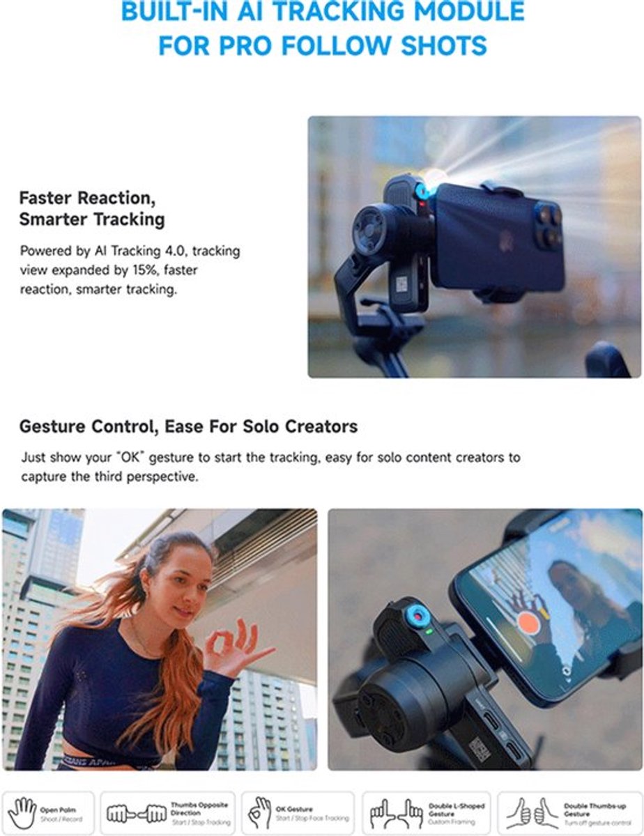 Gimbal Voor Actioncam All-in-One - AI Smart Tracking - 2,0 Kg Draagvermogen - Voor Spiegelloze Camera's En Smartphones