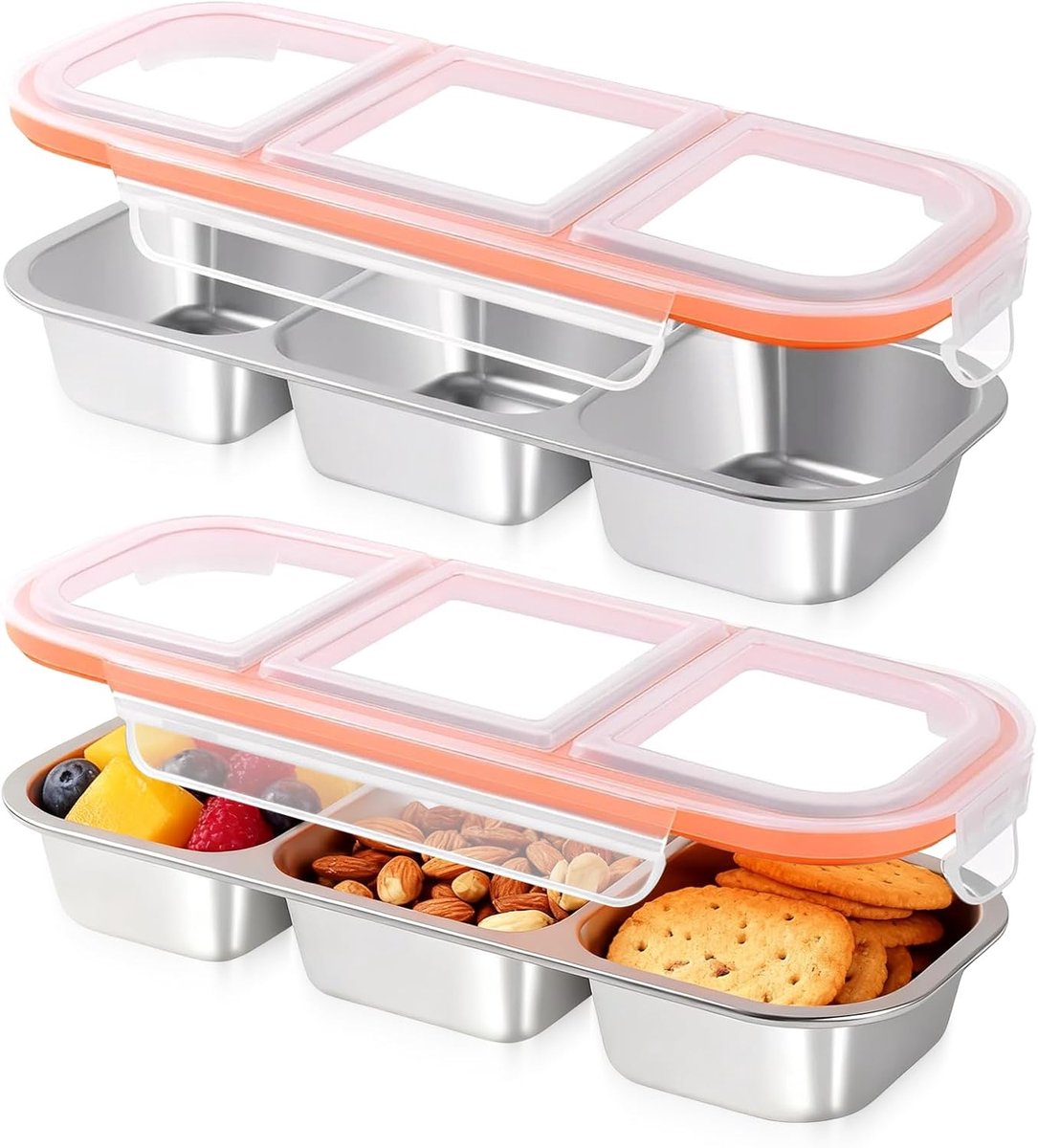 Snackbox met 3 vakken, 2 stuks, 600 ml, roestvrij staal, snackhouder met lekvrije deksels, herbruikbare lunchbox voor kinderen en volwassenen