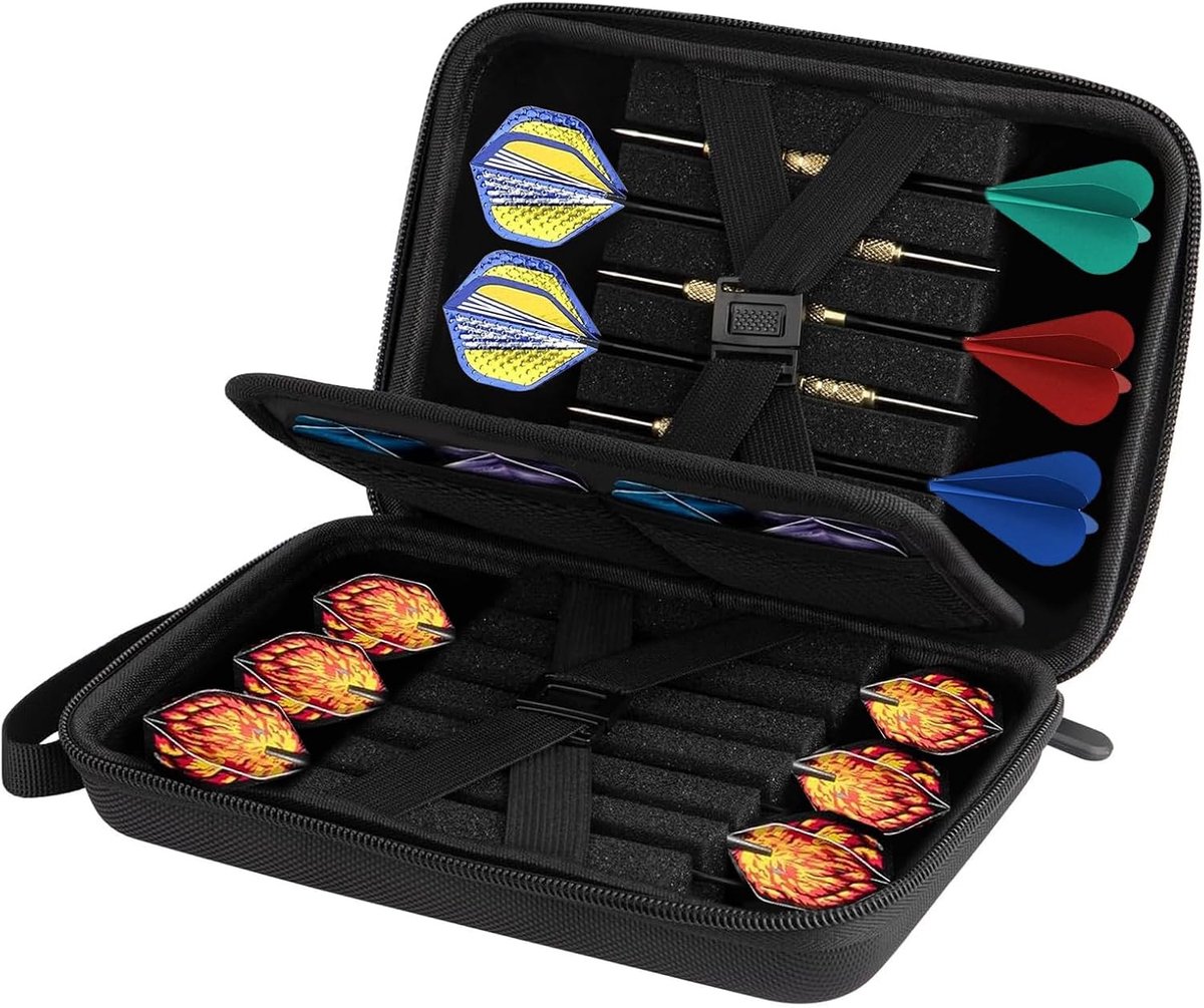 Darttas voor 12 dartpijlen met beschermingssysteem, ruime dartcase voor steel en soft darts, ideaal voor toernooien en reizen, met extra vakken voor accessoires