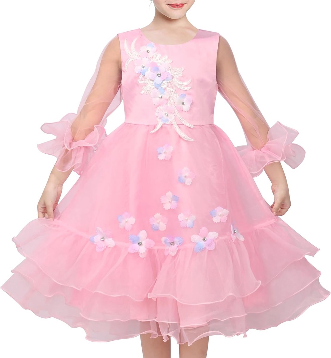 Jurk Roze Tule Bloemen Appliqué 3/4 Puur Mesh Mouw Bruiloft Partij 6-12 jaar