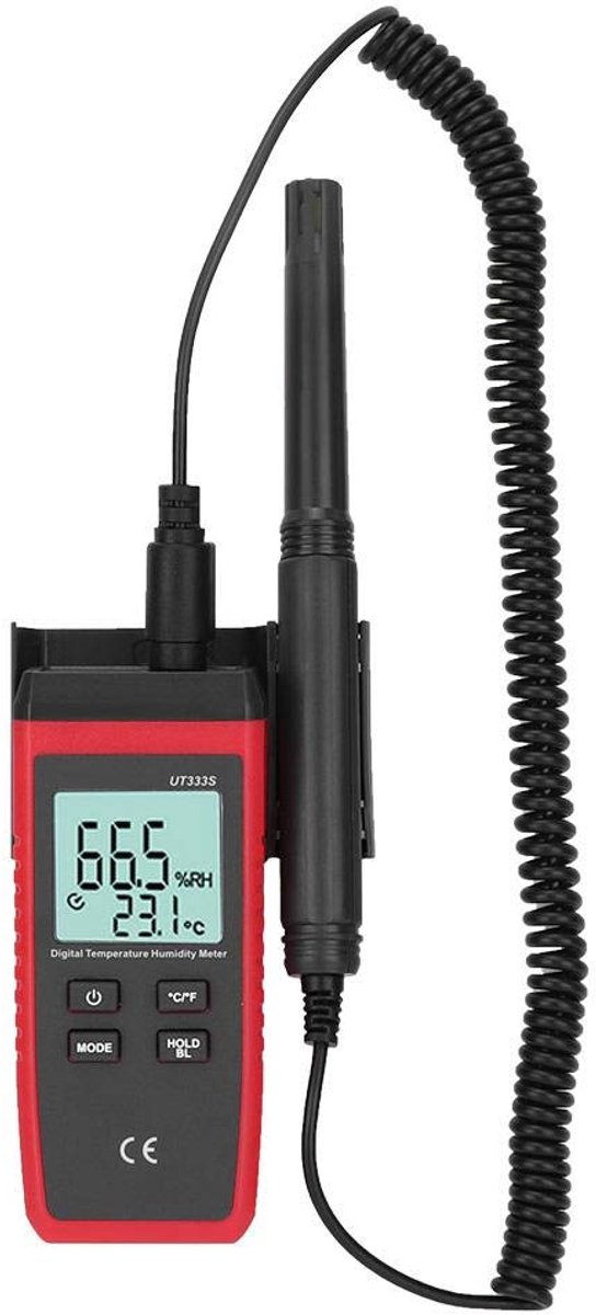 Digitale temperatuur- en luchtvochtigheidsmeter - hoog precisie - LCD-display - met oprolbare kabel - draagbaar en gebruiksvriendelijk