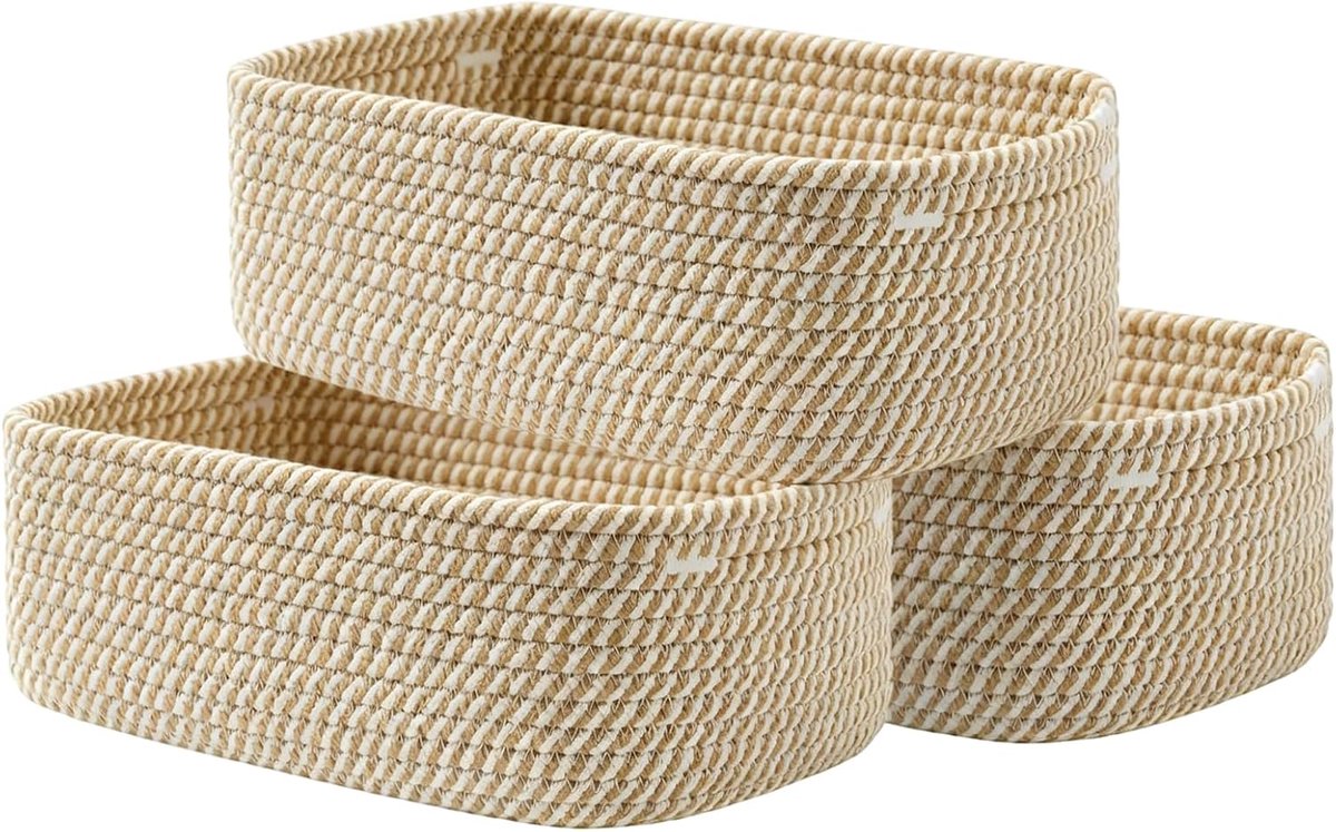 Set van 3 gevlochten katoenen touw, opbergmanden met handgrepen, opvouwbaar, stapelbaar, van veilig natuurlijk materiaal, voor badkamer, kinderkamer en woonkamer, geel met witte strepen