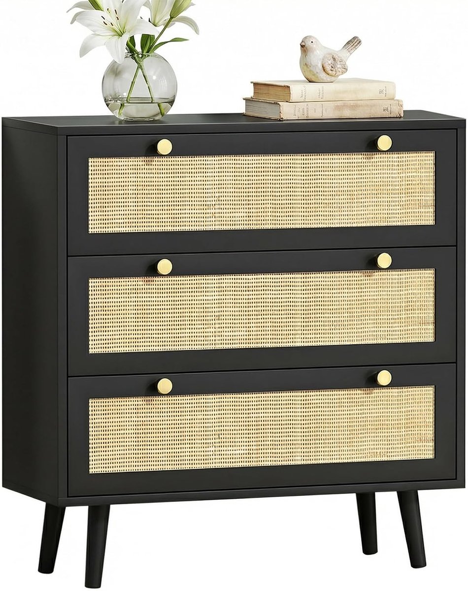 Commode met 3 laden met rotanfront, moderne commode voor slaapkamer, commode, grote opbergruimte, ladekast, natuurlijke look, commode met laden, 80 x 40 x 91 cm