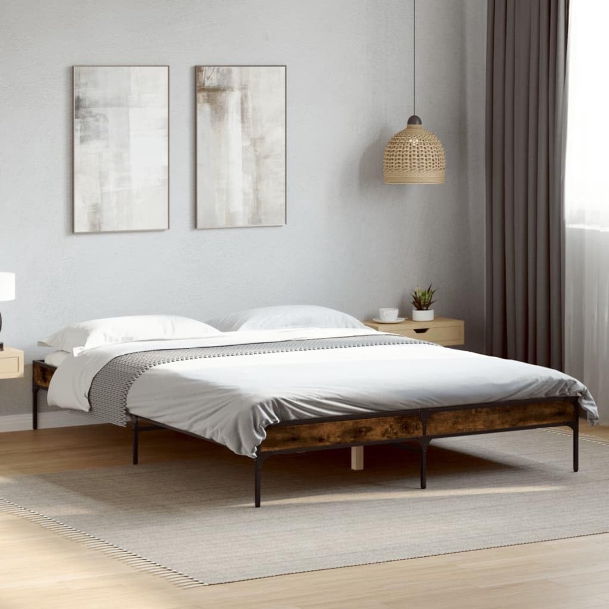 Hout metalen poten bedframe 150x200 gerookt eiken