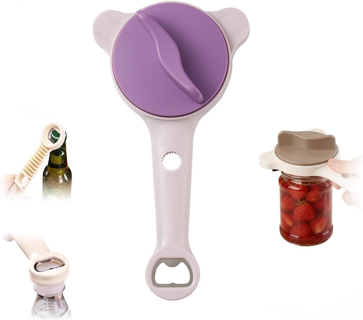 Dekselopener 4-in-1 senioren opener, antislip ergonomische keukenopener voor zwakke handen, schroefdekselopener voor glazen, flessen en blikjes, 2,5-8,9 cm (paars)