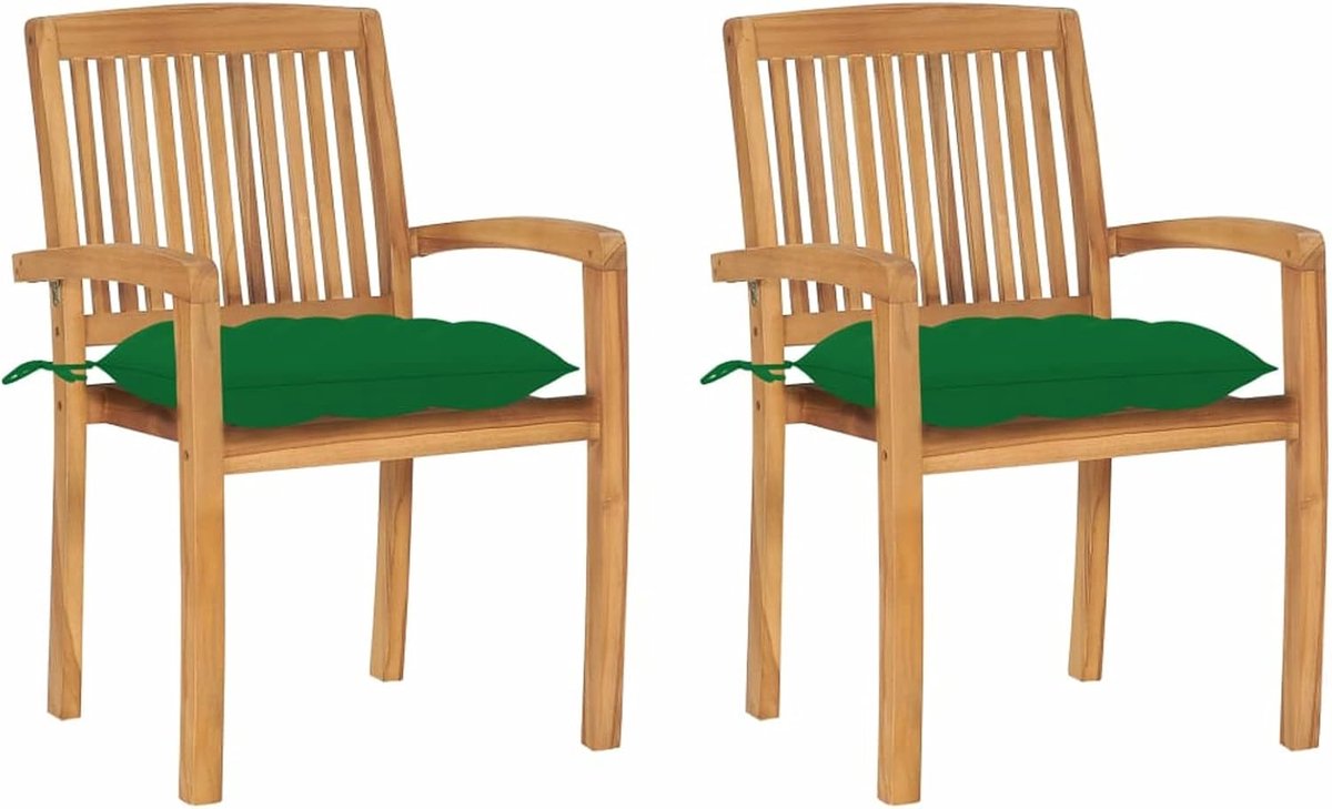 Set van 2 stoelen, fauteuil, eetkamer, tuin, outdoor, terras, met armleuningen, teakhouten kussens, groen, 60 x 57,5 x 90 cm, houten tuinstoel