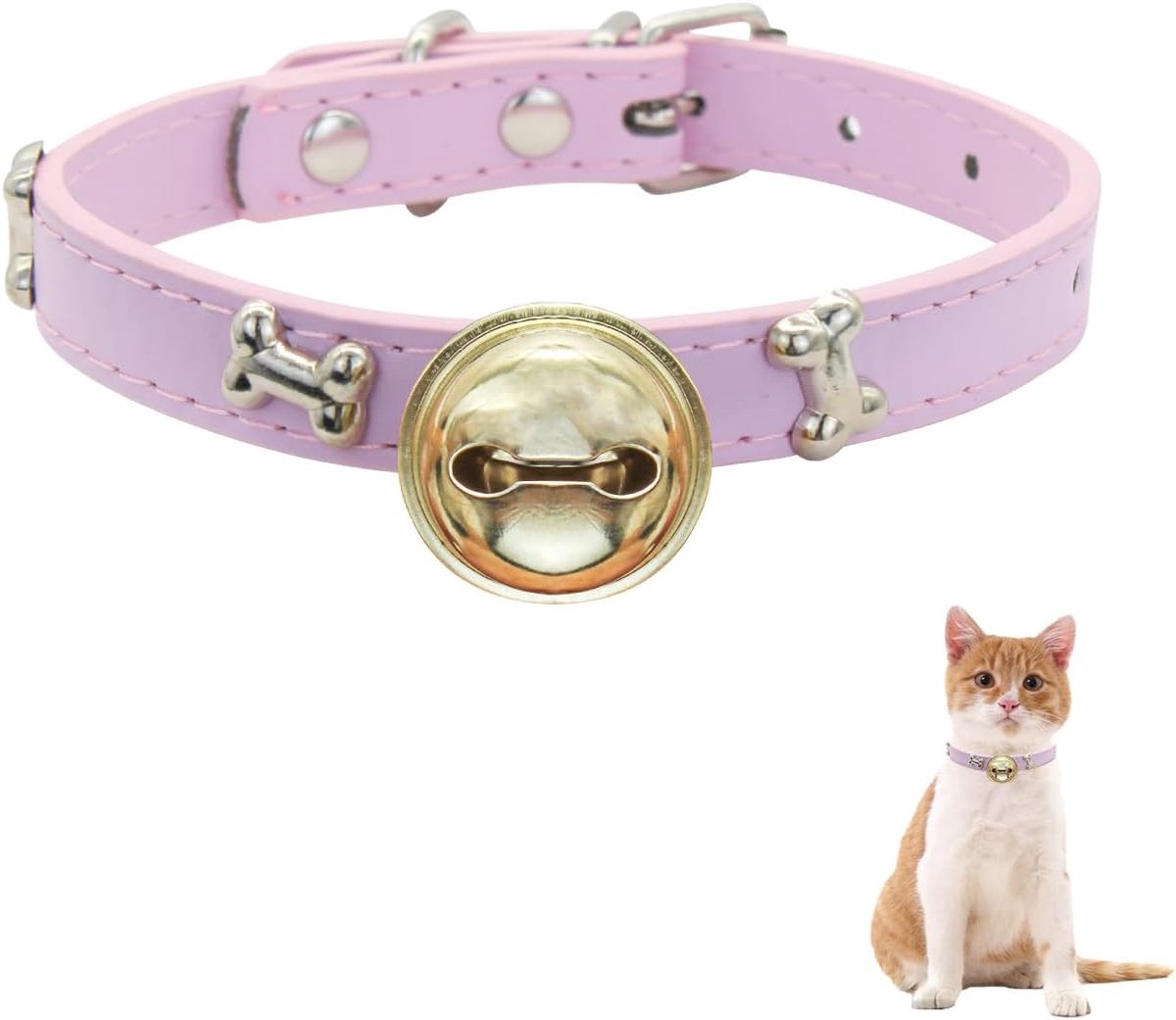 Kattenhalsband met bel, schattige kattenhalsband met metalen gesp, verstelbare kattenhalsband met botpatroon, 24-32 cm, voor katten, puppy's, dagelijkse accessoires, roze