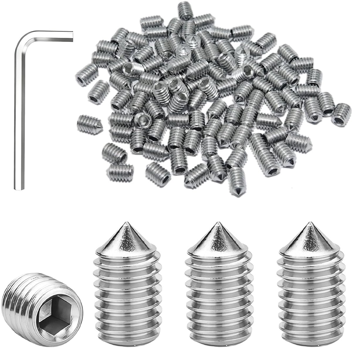 X 6 mm roestvrijstalen schroeven, kegelpunt, 100 stuks