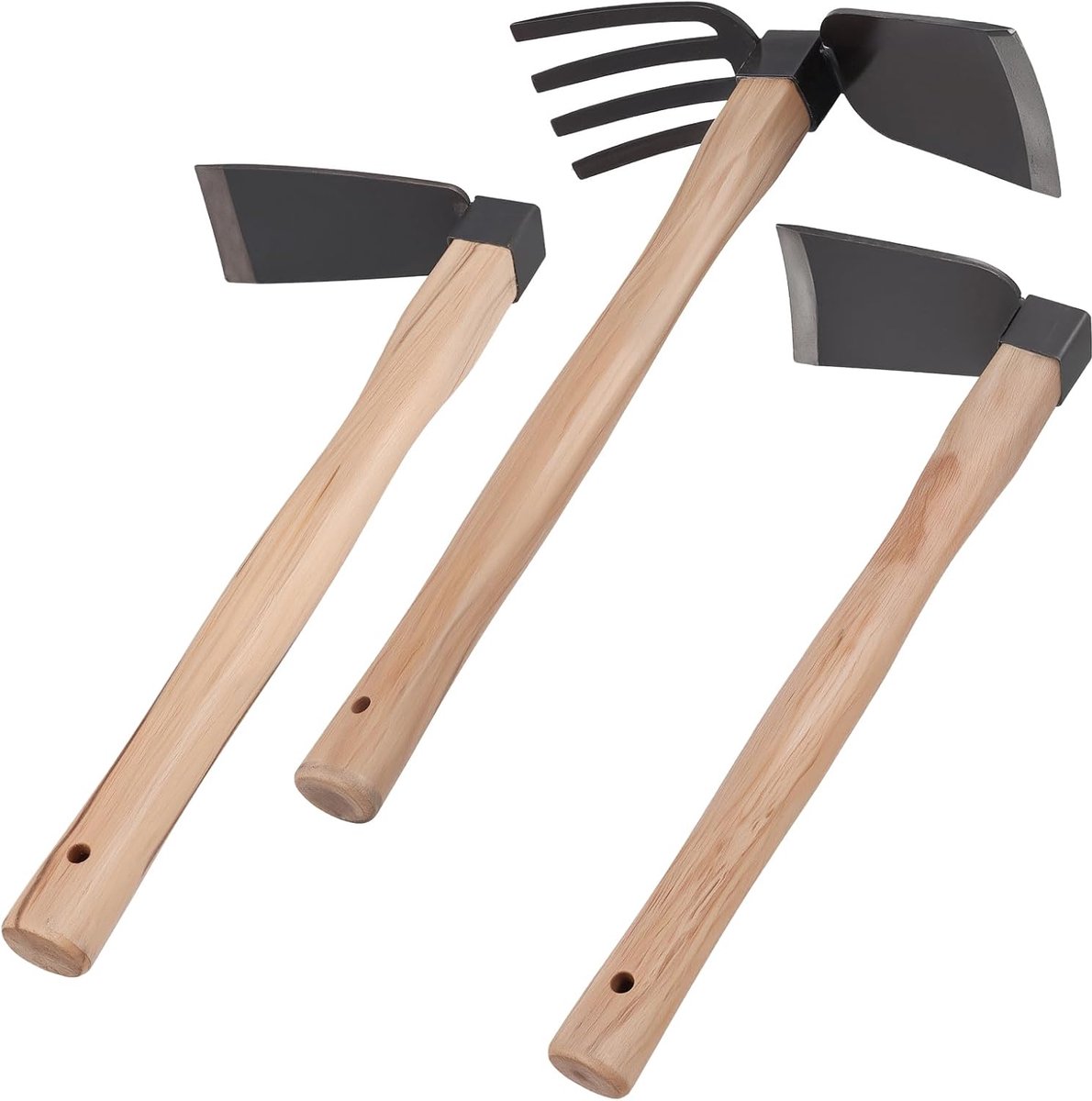 Tuingereedschapsset met 3 tuinhaken, inclusief brede platte hak, smalle platte hak, viertandhak, zwarte hak, met houtkleurig handvat voor tuinverzorging, bodembea
