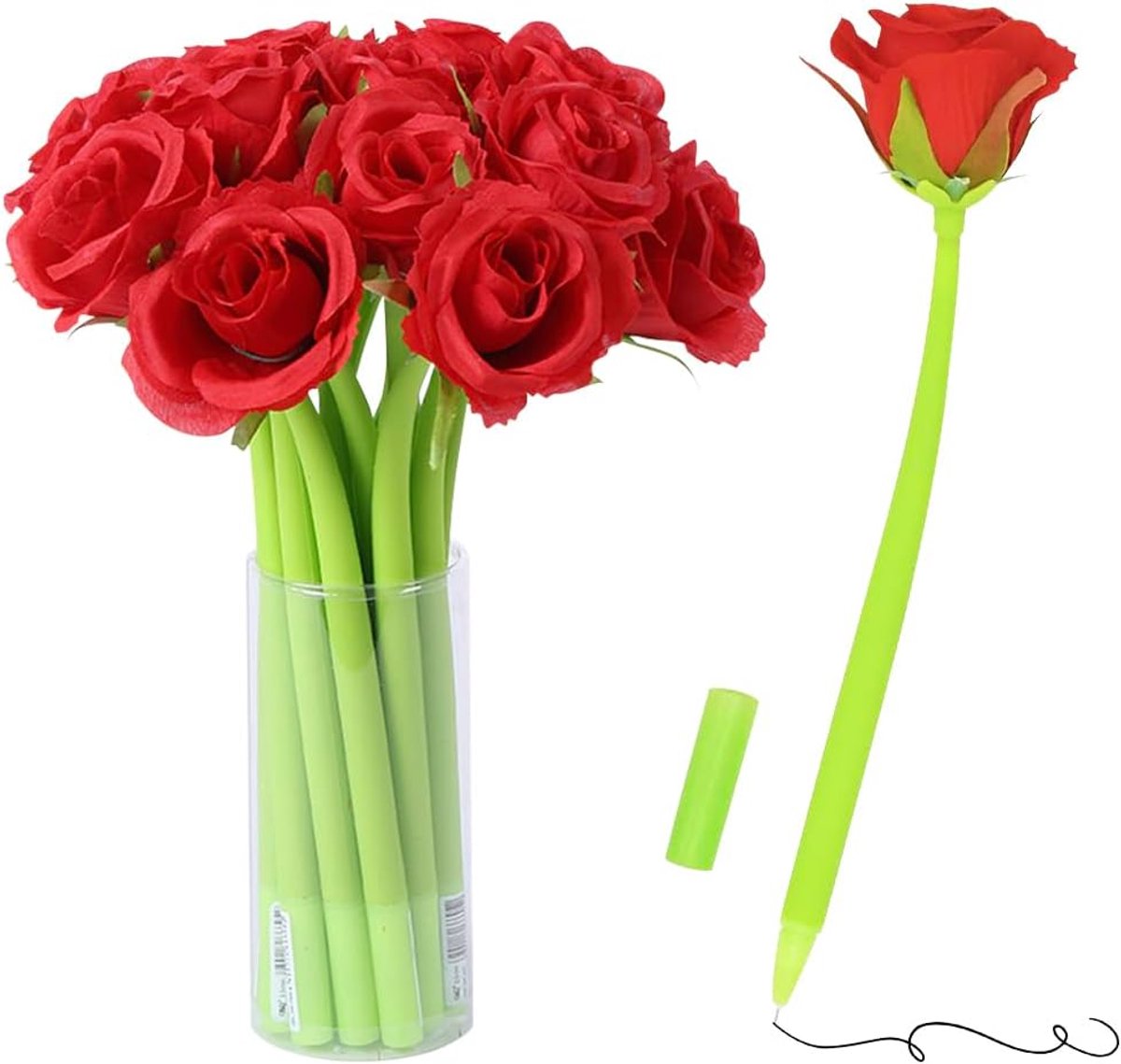 10 Stuks Creatieve Bloemen Pen Kunstmatige Rose Pennen Rose Vormige Balpen Zwart 0,5 mm Gel Inkt Rollerball Pen voor Meisjes Vrouwen Leraar Thuis Kantoor School Bureau Decoraties, Rood