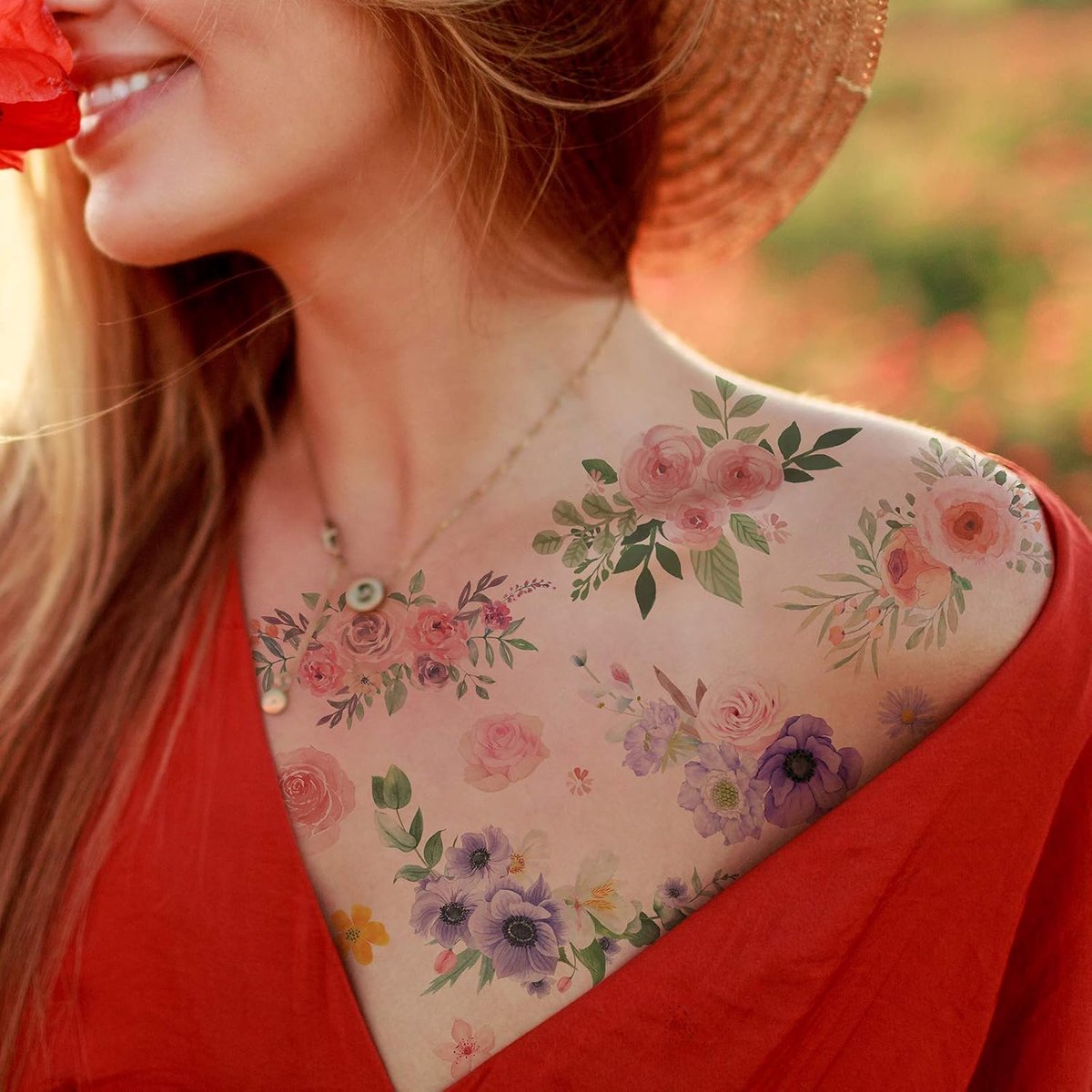 Tijdelijke tatoeages stickers, aquarel rozen, pioenroos, madeliefje, botanische body art nep-tatoeages voor vrouwen, meisjes en kinderen - 20 stuks