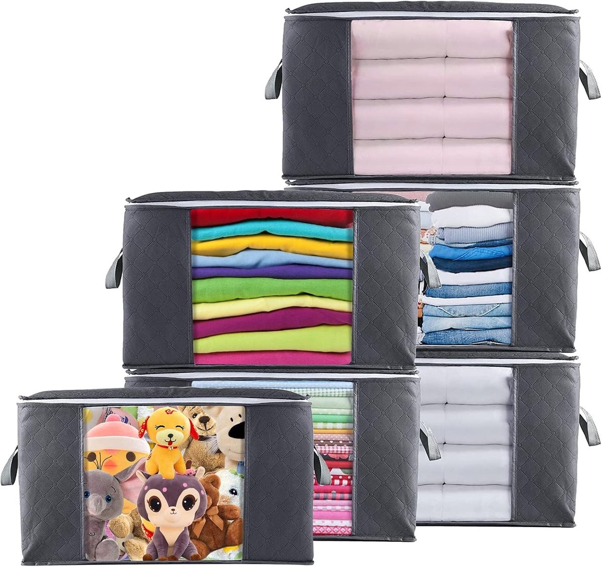 6 Stuks 90L Grote Opbergzakken voor Kleding, Beddengoed en Dekens, Vouwbare Organizer met Versterkte Handvatten en Stevige Rits