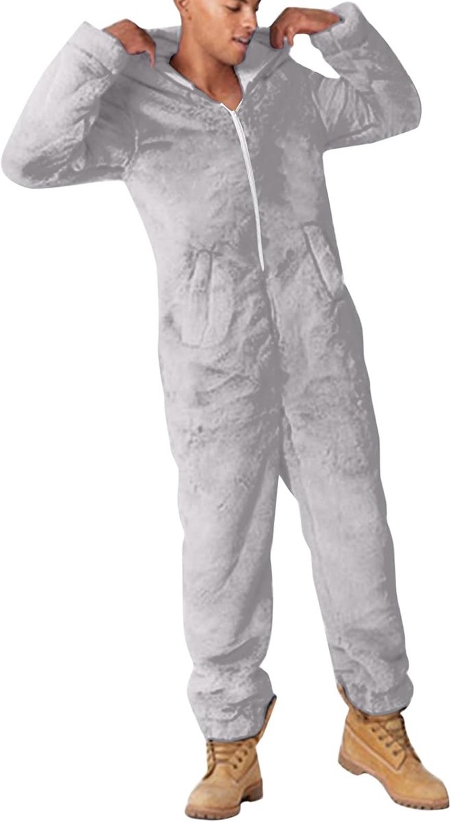 2026 heren kunstwol lange mouwen pyjama casual effen ritssluiting los met capuchon overall pyjama casual winter warm romp leuke oren nachtkleding