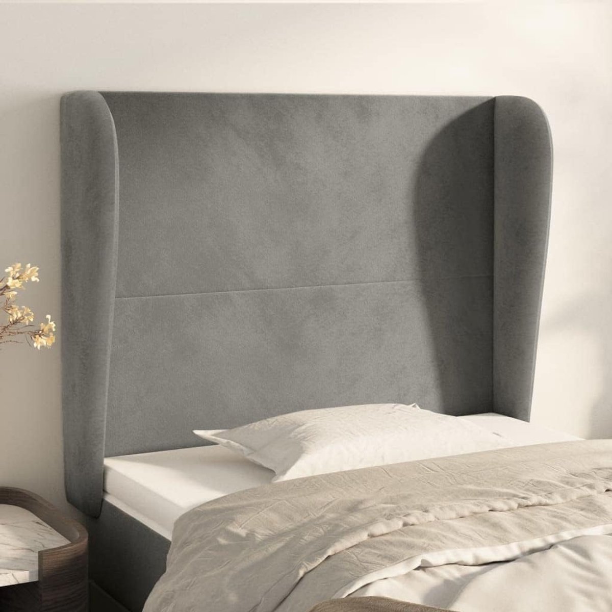 Hoofdsteun met oren, lichtgrijs, 83 x 23 x 118/128 cm, fluwelen hoofdeinde voor slaapkamer, slaapkamer, hotelmeubels