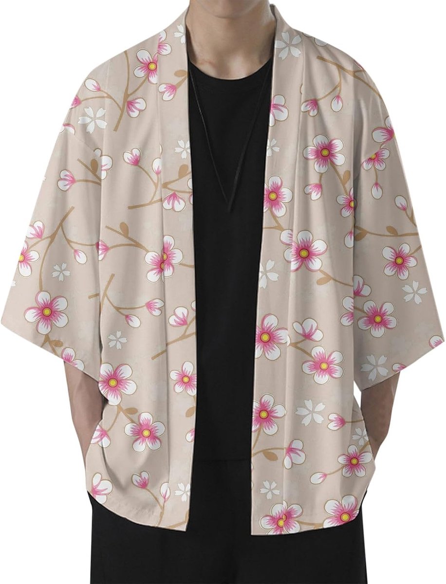 Herenvest met halflange mouwen, kersenbloesemmotief, cool, volledig bedrukt, antiek overhemd zonder kraag, lente en zomer