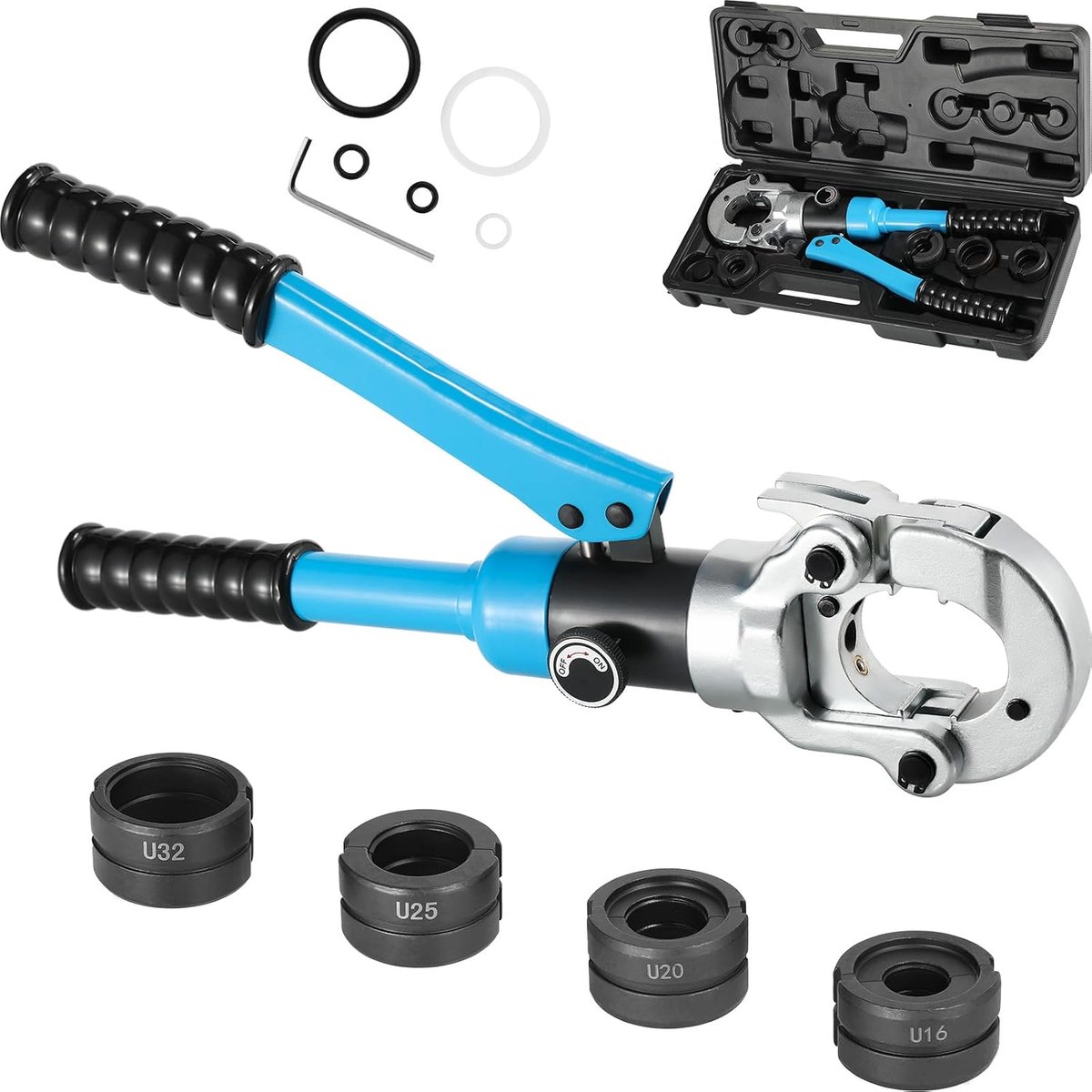 U-contour,perstang voor kunststofbuis,aluminium composietbuis,professionele perstang met 360° draaibare kop, rubberen handgreep,handmatig zuigerventiel,hydraulische drukklem, U16,U20,U25,U32