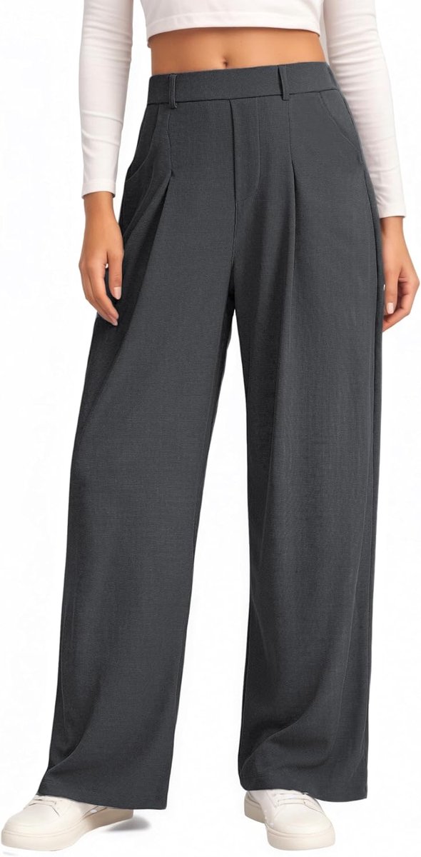 Broek voor dames, casual stoffen broek, losse wijde pijpen, palazzo-broek, wafelgebreid, hoge taille, elegant, business, comfortabele damesbroek met elastiek
