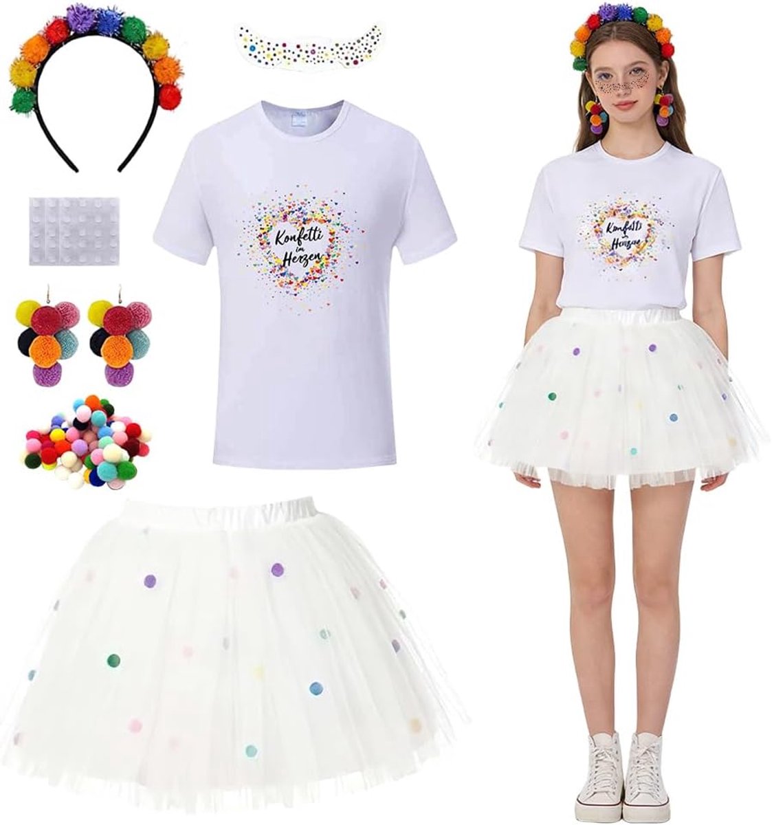 Confettikostuum voor dames, carnavalskostuum voor dames, clownkostuum outfit, haarband, oorbellen, gezichtsstickers en voetbescherming, carnavalskostuums