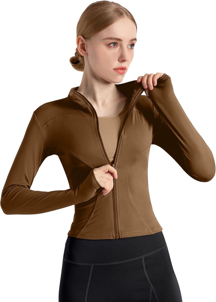 Sportjack voor dames, lange mouwen, hardloopjack, gym, tops, yoga, fitness, bovenstuk, licht, ademend, sportshirt, ritssluiting, trainingsjack met duimgat