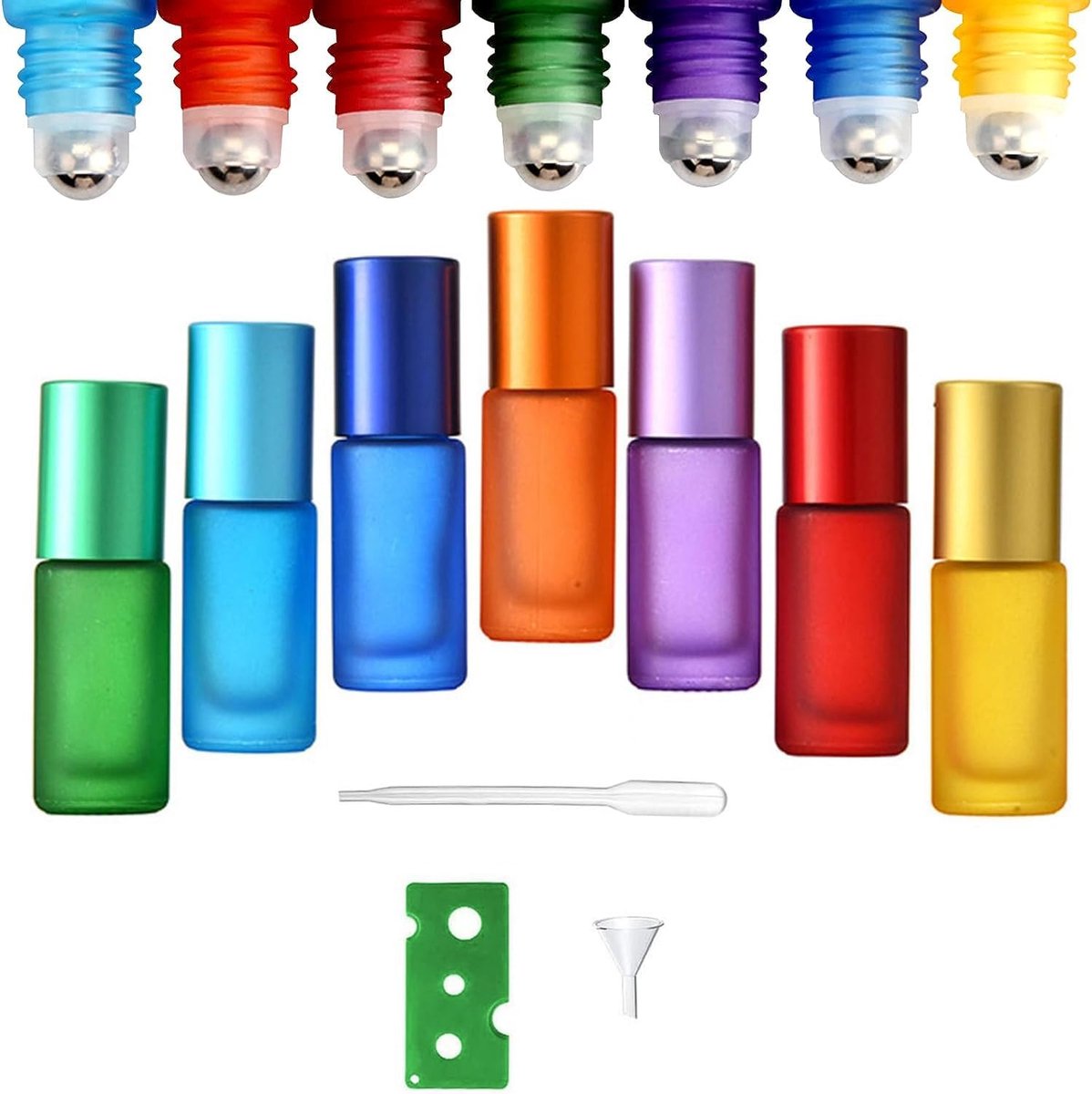 Flessen, 7 stuks, leeg, 5 ml, etherische oliën, rollerflessen, met roestvrijstalen rollerballen voor etherische oliën, parfum, cosmetica, massage, 7 kleuren, Meerkleurig