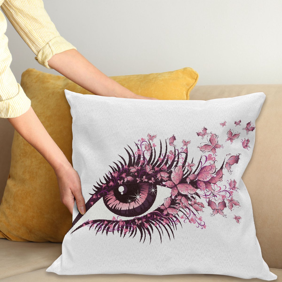 ABAKUHAUS Vlinders Sierkussenhoes, Vrouwelijk Oog Wimpers Mascara Blik Feest Make-up Dierenprint, Decoratieve Vierkante Sierkussenhoes, 100 x 100 cm, Lichtroze en Wit