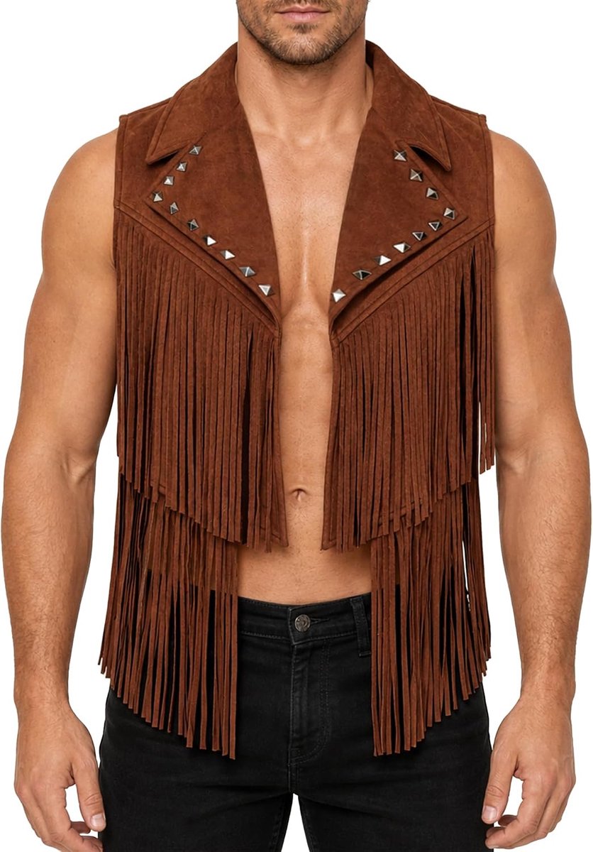 Herenvest met franjes, kostuum, cowboy, hippie, vest, kort, mouwloos, jas, kwastjes, retrovest, comfortabele kleding, discoparty, carnaval, rave, S-2XL
