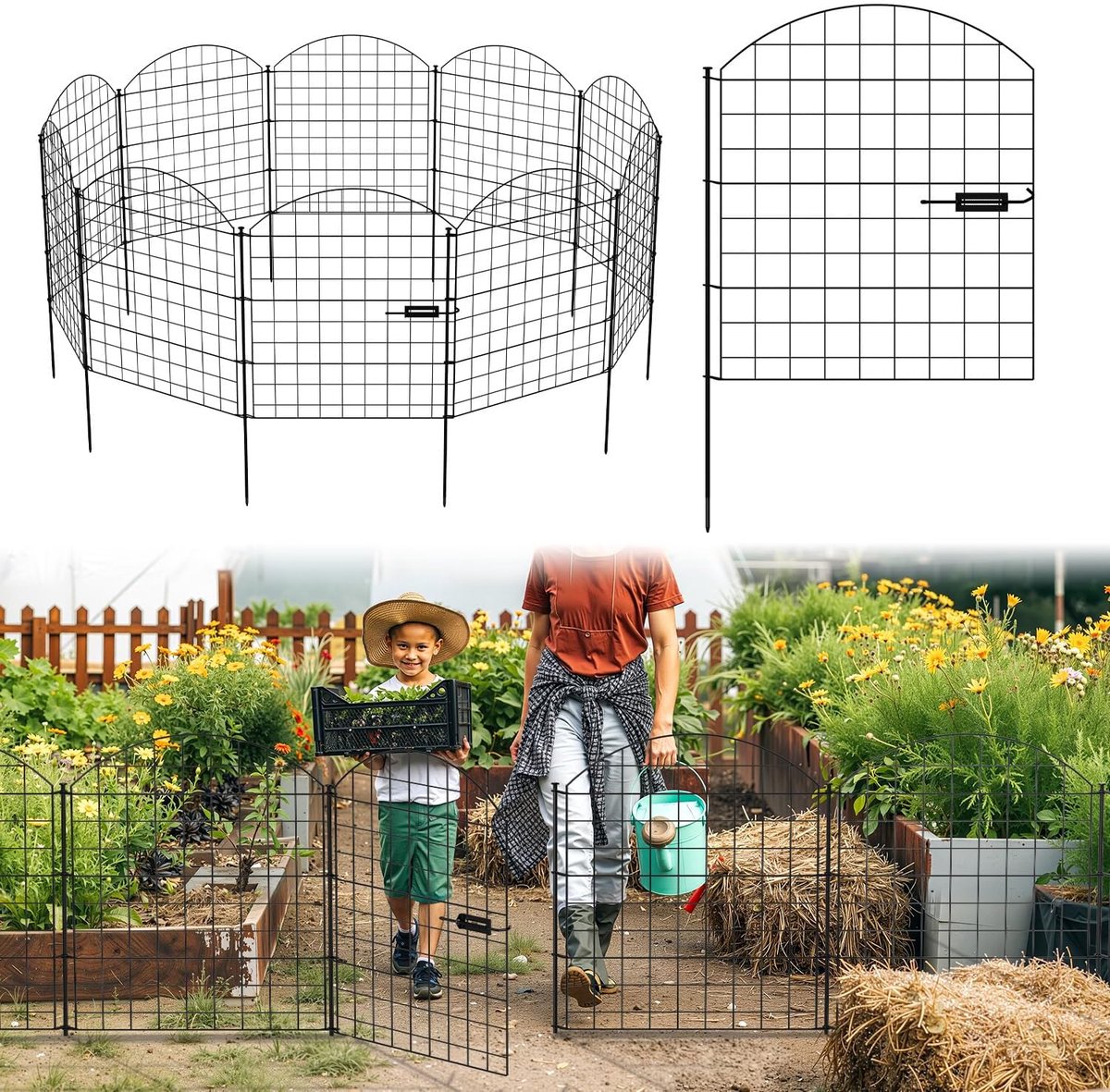 Tuinhek, vijveromheining, set 1 poort + 4 vijverhekken, steekhek, metaal met hekelementen en buitenomheining, tuinhek, dierenverblijf, met slot, huisdierenhek (bocht, zwart)