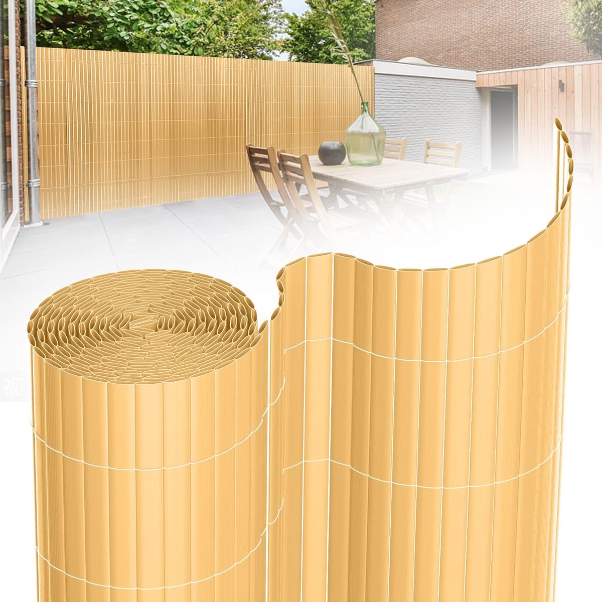 90 x 900 cm, zichtscherm van pvc, weerbestendig, inkijkbescherming, met kabelbinders, voor tuin, balkon, terras, outdoor, bamboe
