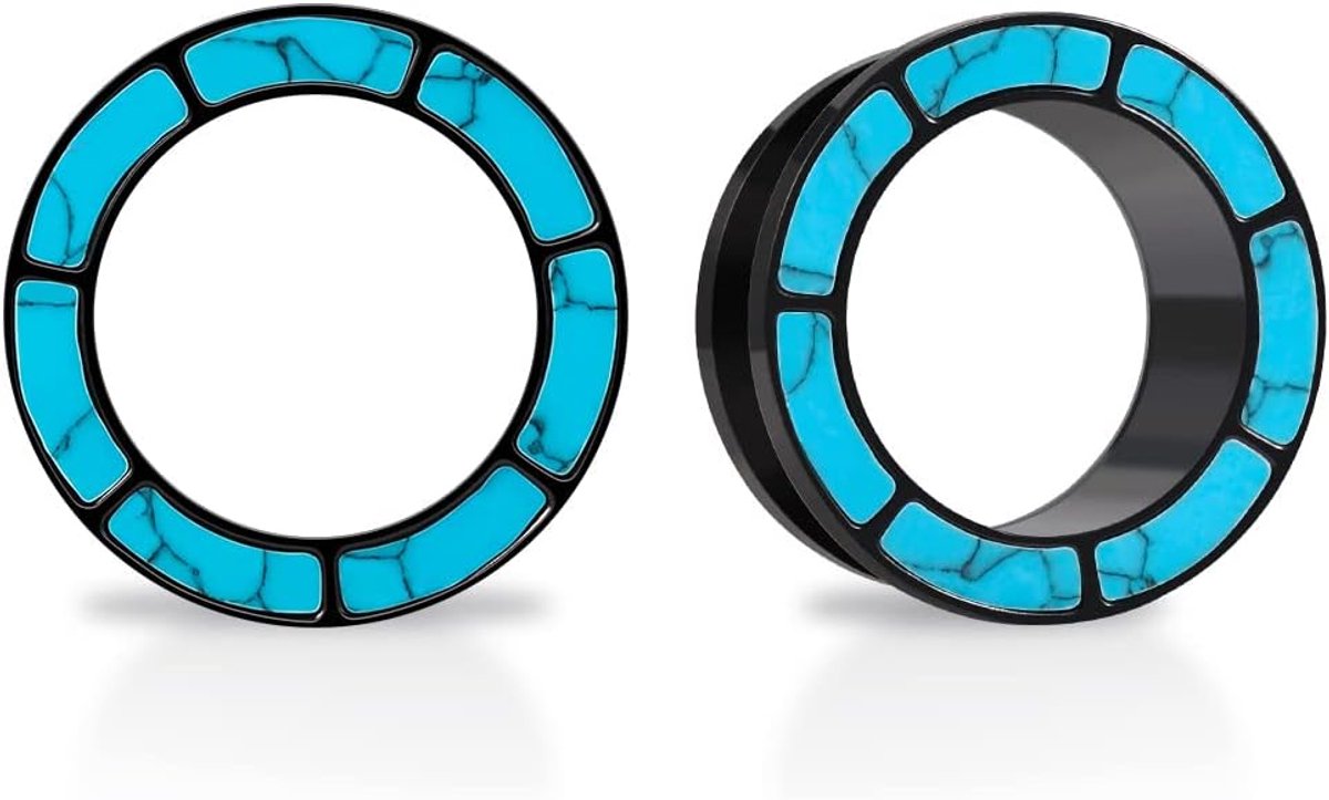 1 Paar Rvs Opaal Blauw Omrande Oor Vlees Tunnels Schroef Terug Fit Blauw Turquoise Shell Oor Meters Brancard Expander Piercing Sieraden 2g-1 inch