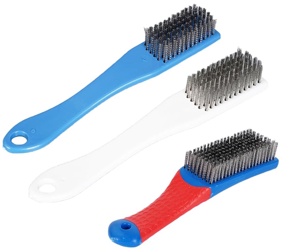 Set van 4 draadborstels, roestvrij staal, draadborstel met siliconen handvat, metaalborstel, staalborstel voor roestverwijdering, lakverwijdering, polijsten, reiniging, kleine draadborstel, roestvrij